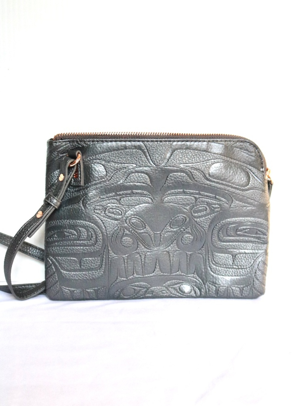 Native Origins Faux Leather Thunderbird Whale Crossbody Purse Embossed Dark Grey